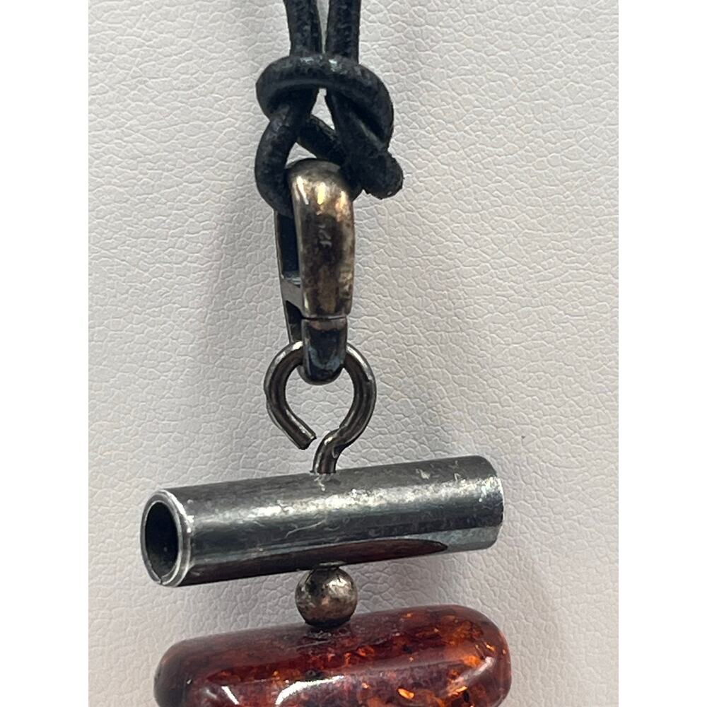 Sterling Silver Vintage Cube Modernist Triple Amber Pendant Black Chord Necklace - Picture 3 of 16